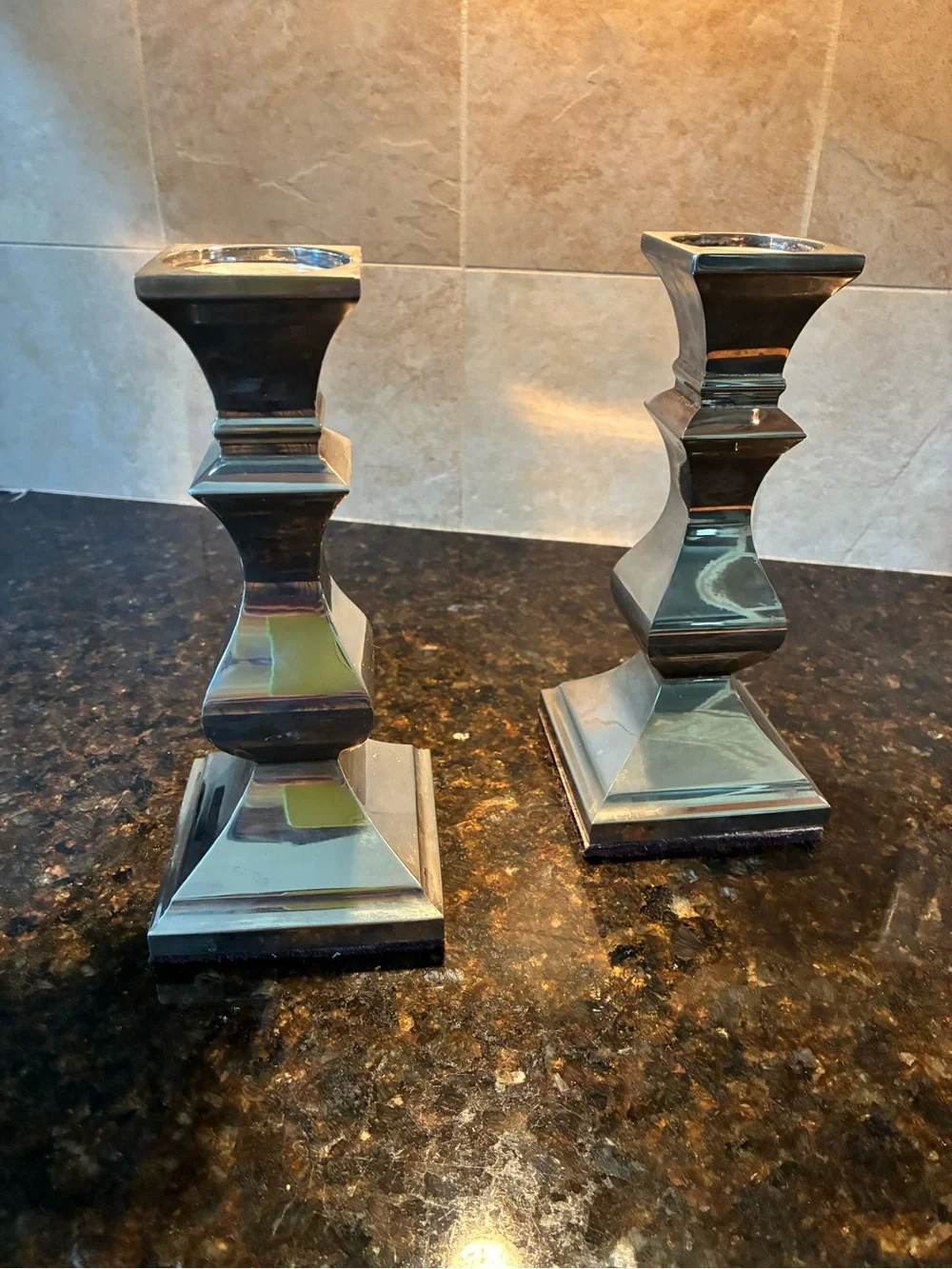 Source Unknown Mirrored Silver Taper Candle Holders - Pair